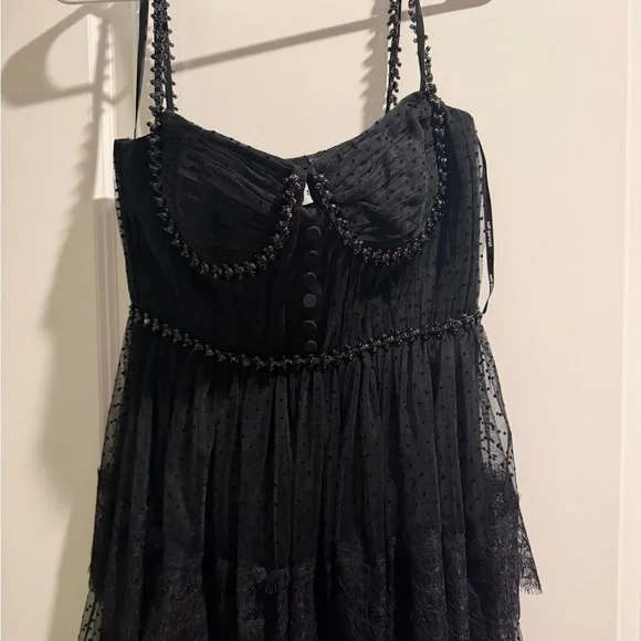 Self-Portrait Black Tiered Mesh Midi Dress with Spaghetti Straps - Picture 3 of 6